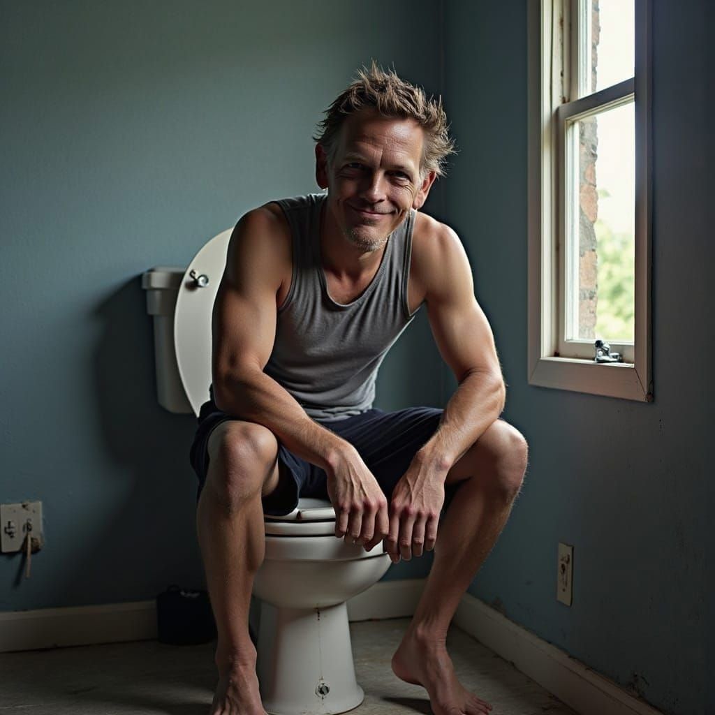 Miserable Smiling Person on Toilet With Thermometer
