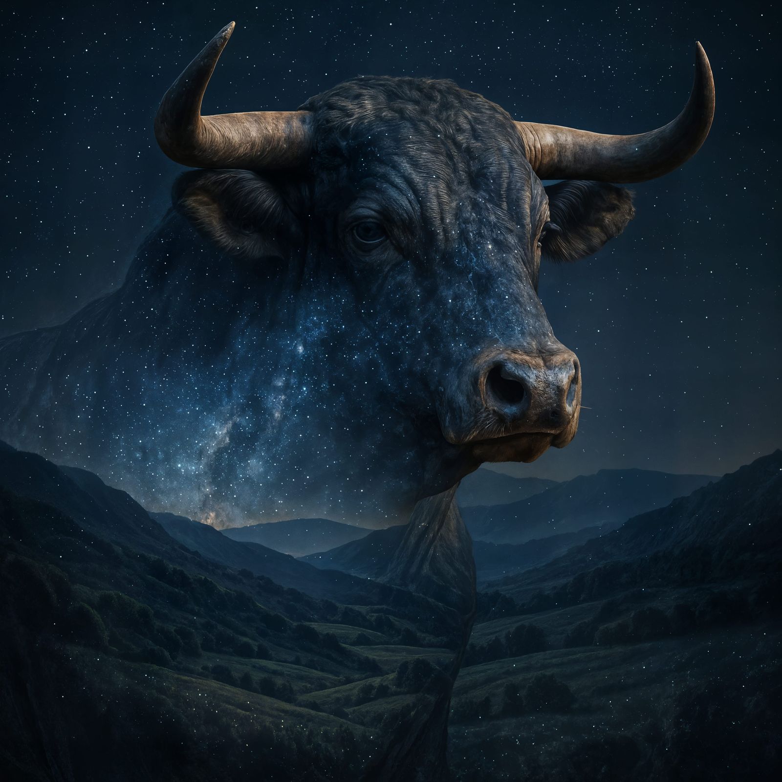 Detailed CGI Bull with Starry Valley Reflection