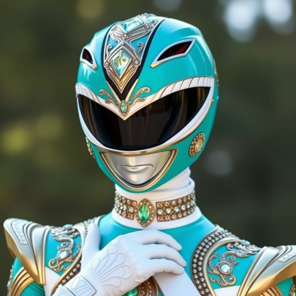 Turquoise Power Ranger Adorned with Glowing Jewelry