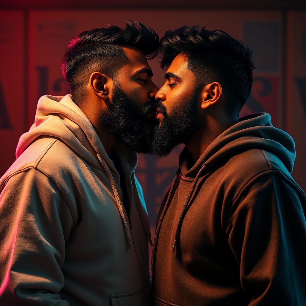 Two Handsome Men Share a Kiss in Splash Art Style