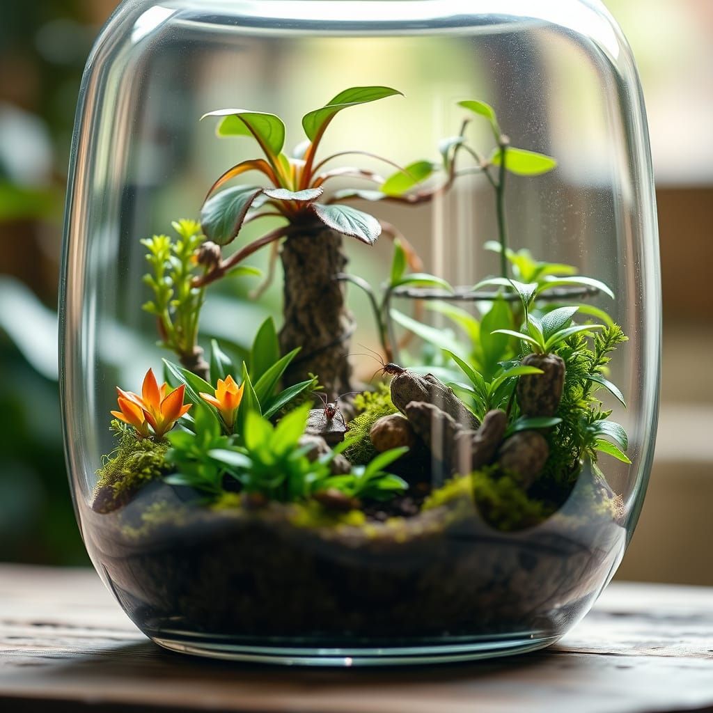 Vibrant Jungle Ecosystem in Glass Terrarium