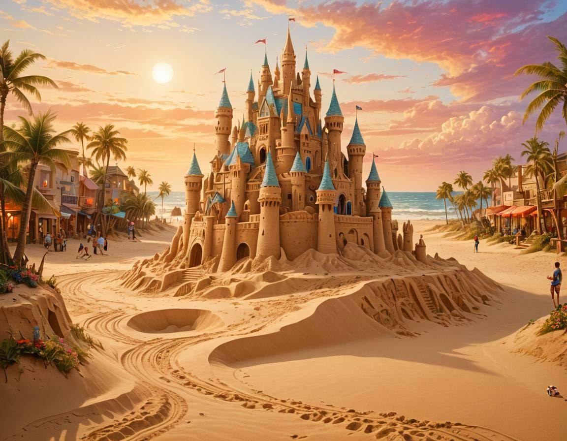 Epic Sand City with Sand Castle and Dramatic Sky