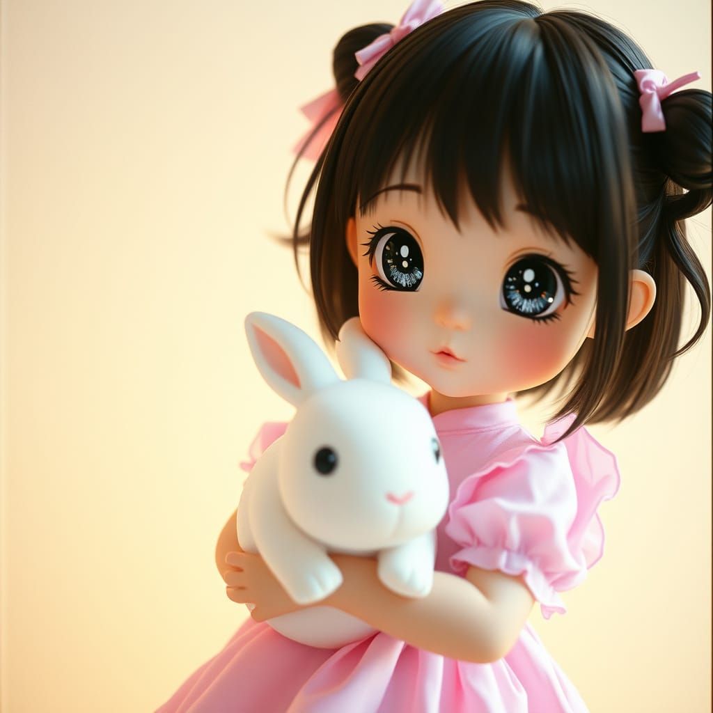 Pastel Chibi Girl with Rabbit Companion, Kawaii Style