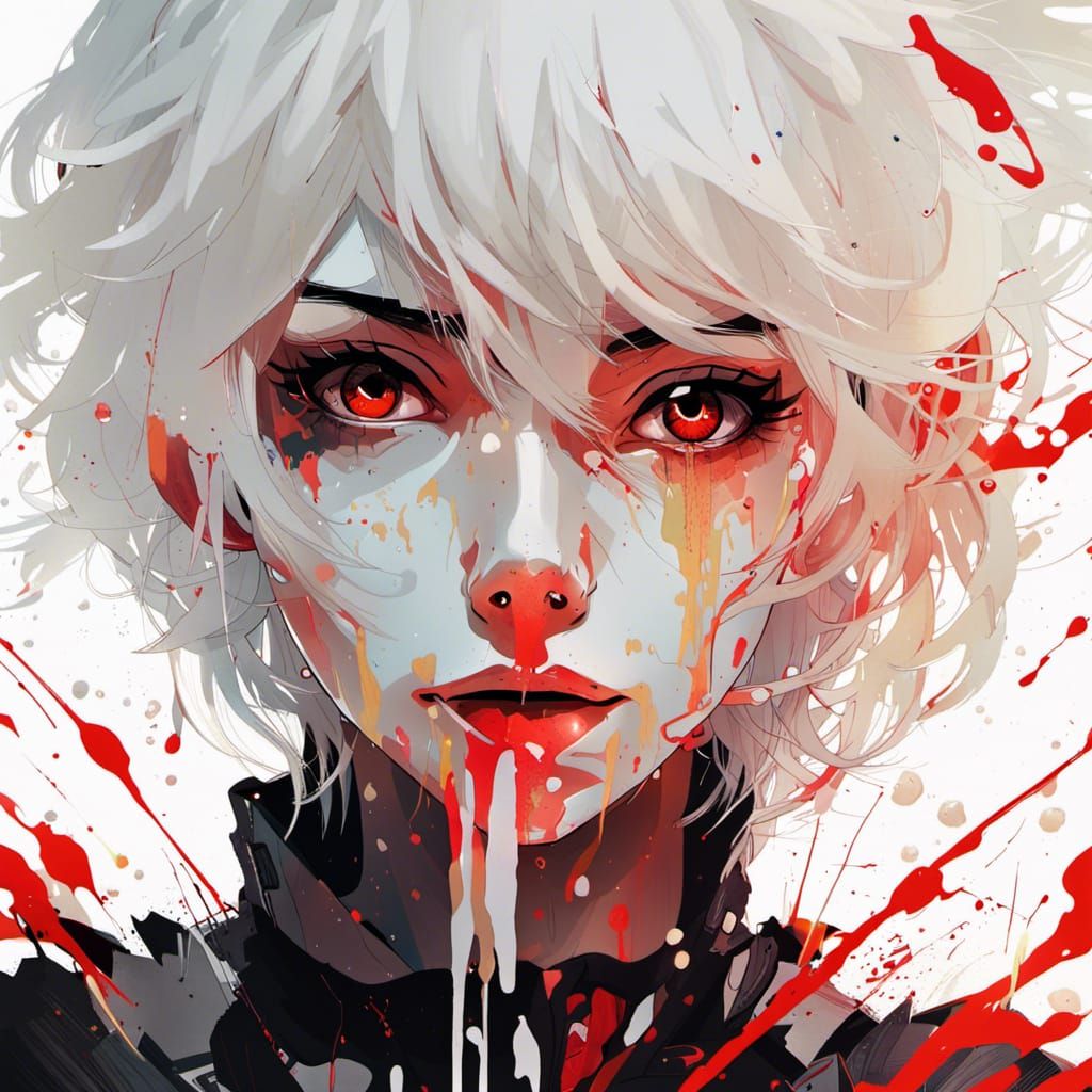 Anime Portrait with Red and Gold Paint Drips