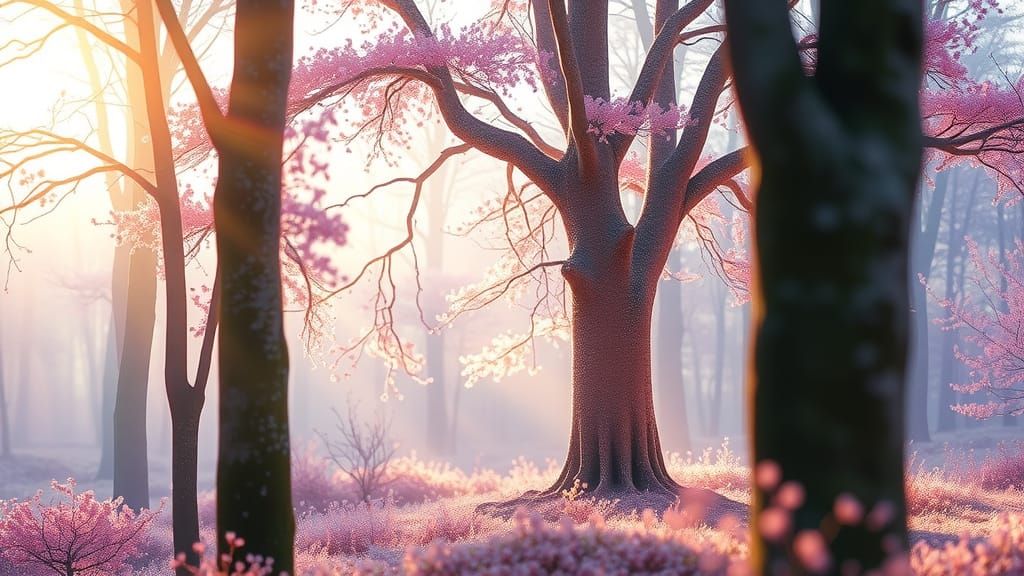 A mystical forest, bathed in ethereal luminescence, with lay...