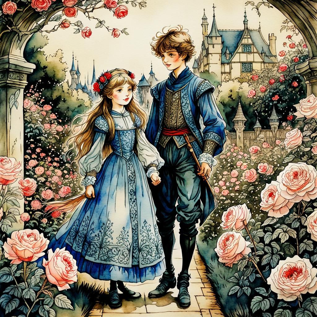 Medieval Watercolor: Children in Rose Garden