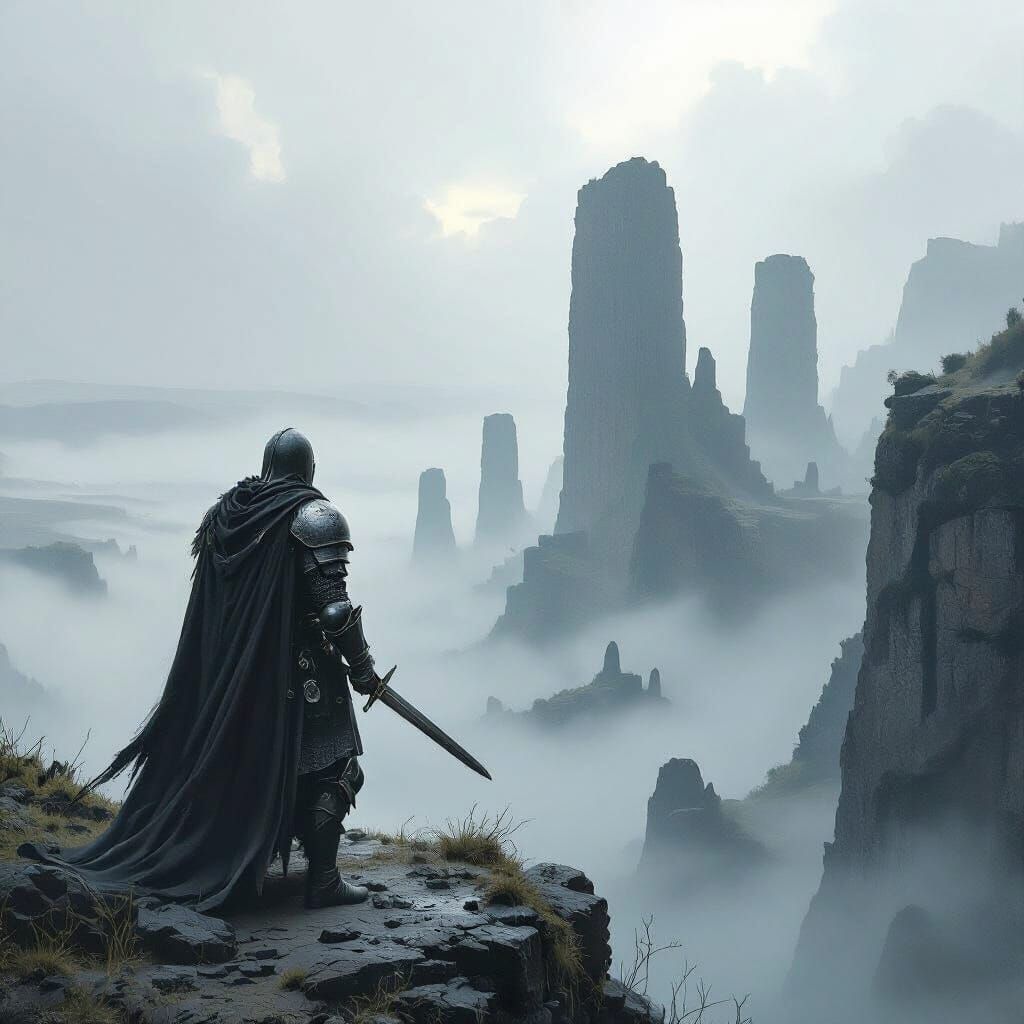Saxon Knight on Ruined Precipice in Foggy Valley
