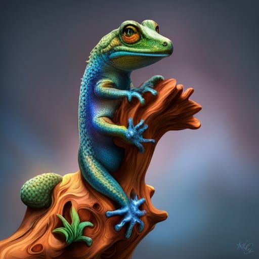 Metallic Rainbow Salamander on Branch: 3D Splash Art