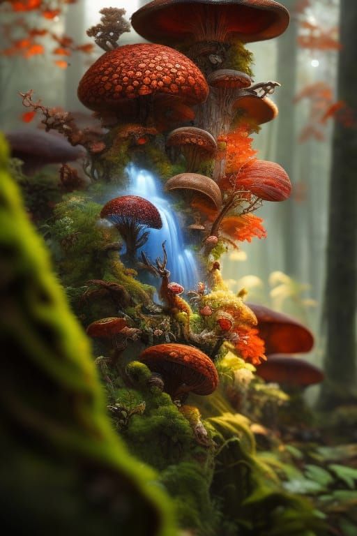 Red Squirrel in Fungal Dreamscape: Hyper-Detailed Art
