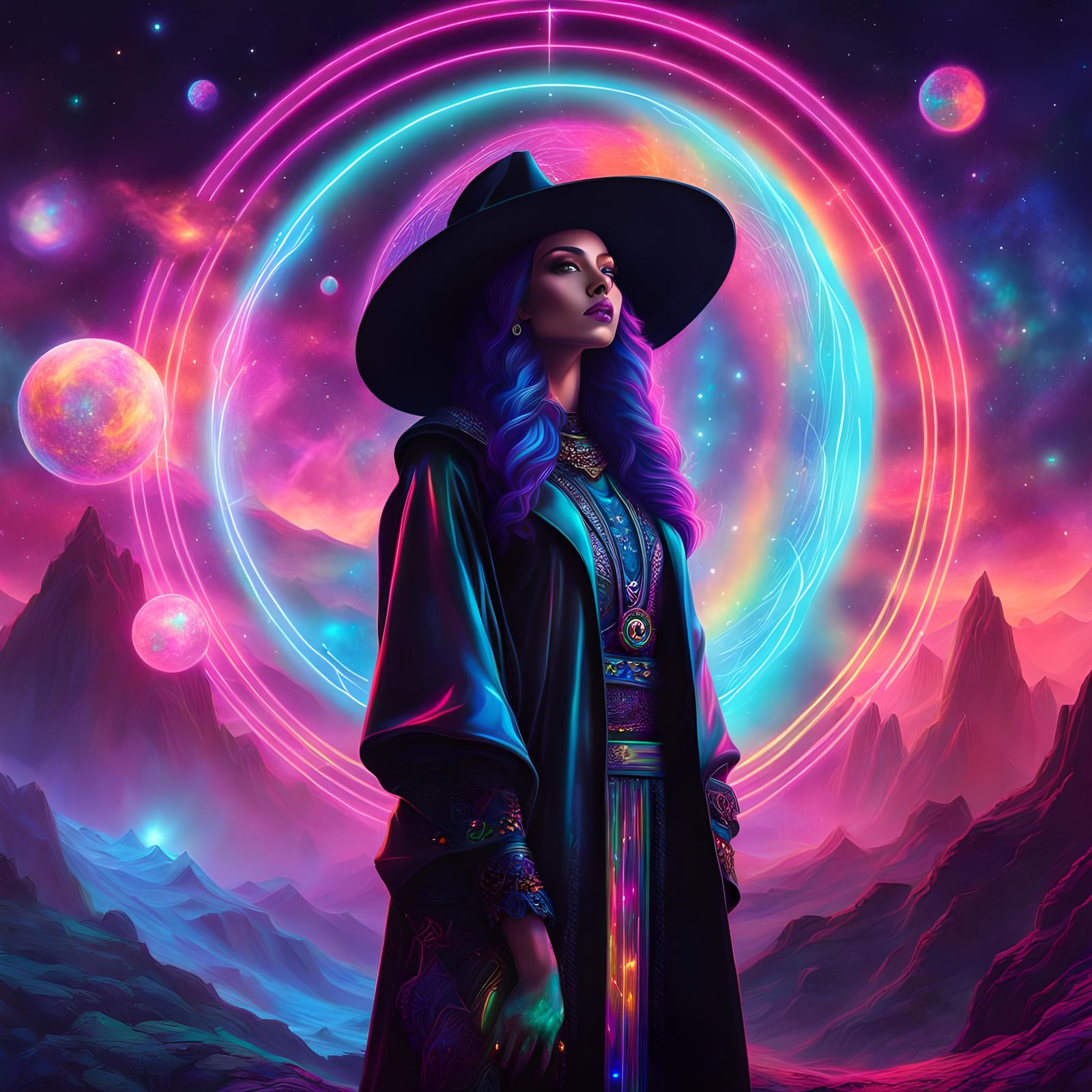 Cosmic witch with neon aura and accents surrounding her