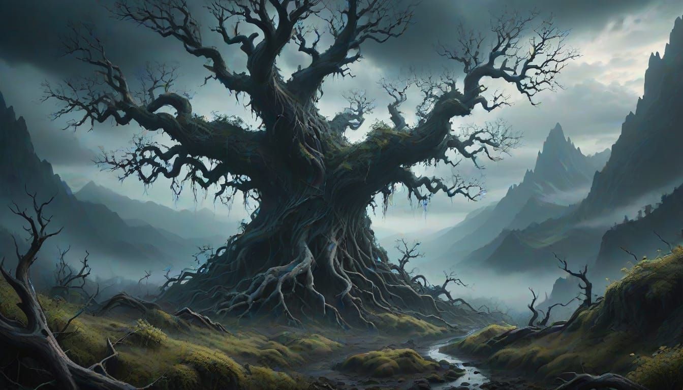 Gloomy Forest Realm with Twisted Trees and Mysterious Atmosp...