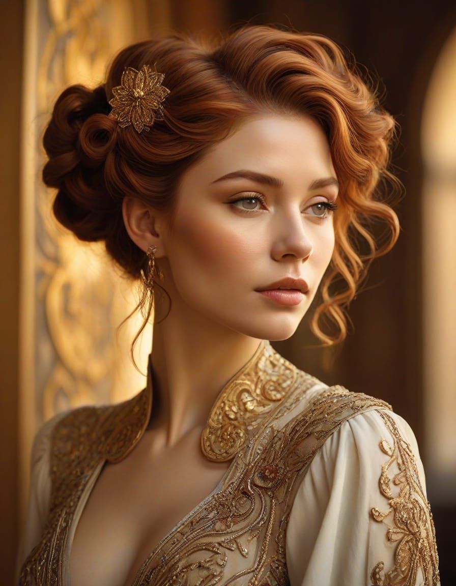 Art Nouveau Portrait of a Woman with Auburn Hair