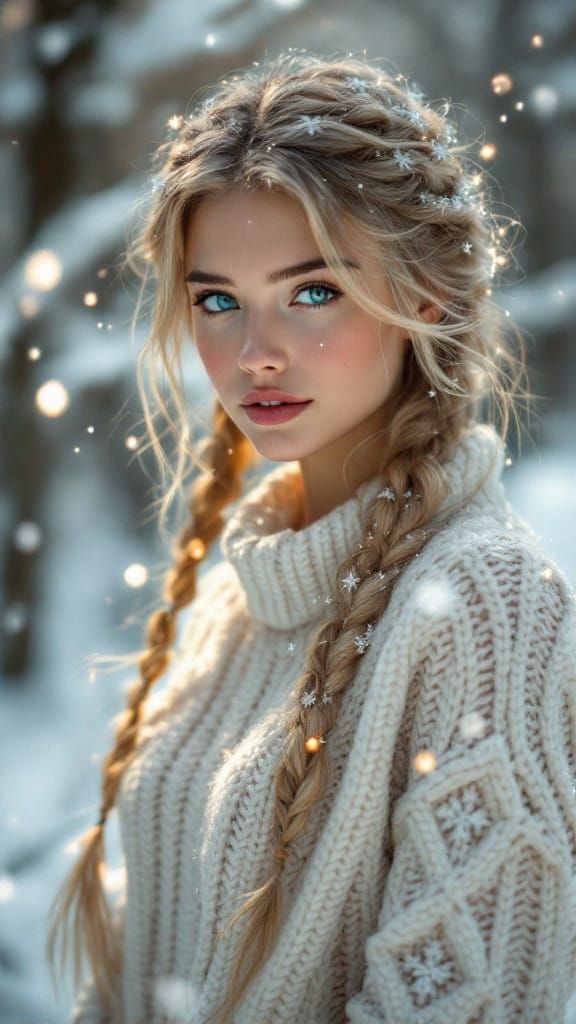 Ethereal Winter Goddess in Soft, Enchanted Snowscape