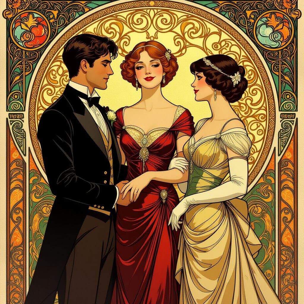 Elegant Woman Introduces Siblings: Art Nouveau Style