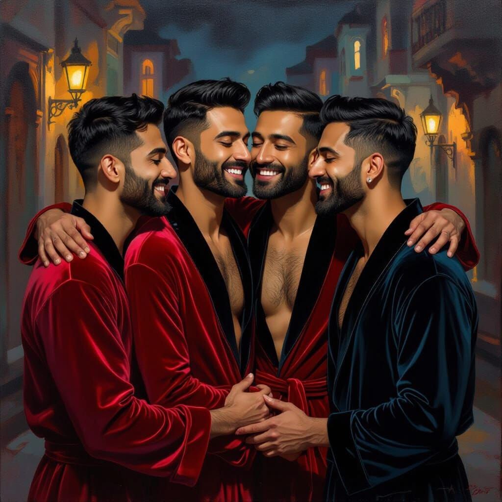 Joyful Indian Men Hugging in Neo-Impressionist Style