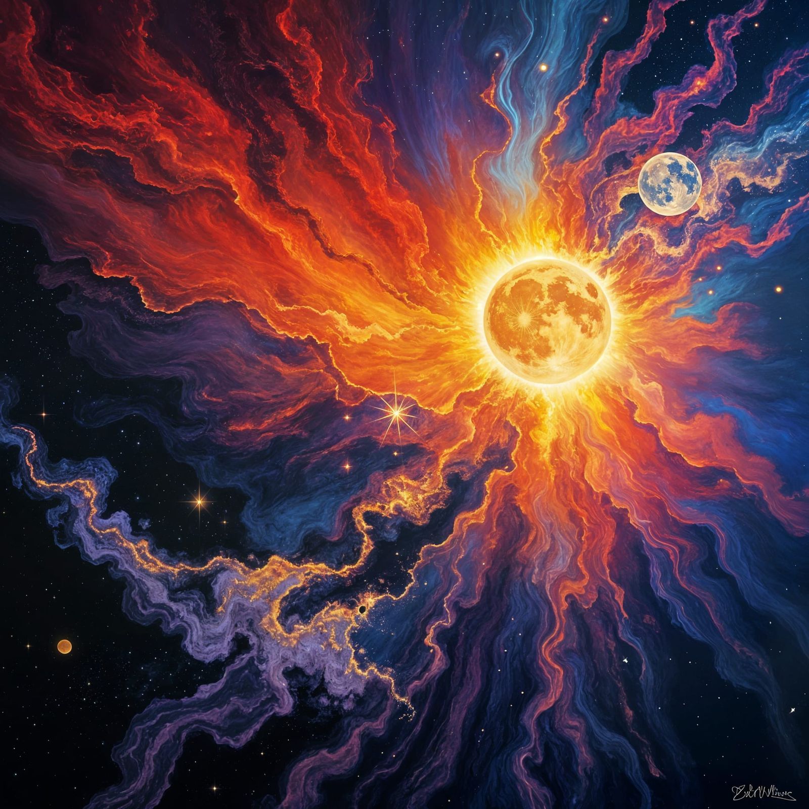 Sun and Moon Cosmic Collision in Abstract Style