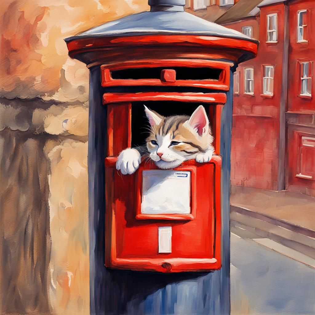 Kitten Sleeping on Postbox in Gouache Watercolor