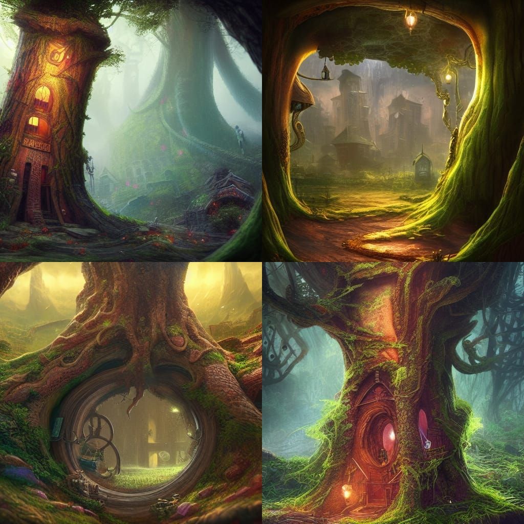 Fantasy City Inside a Tree Trunk, Digital Art