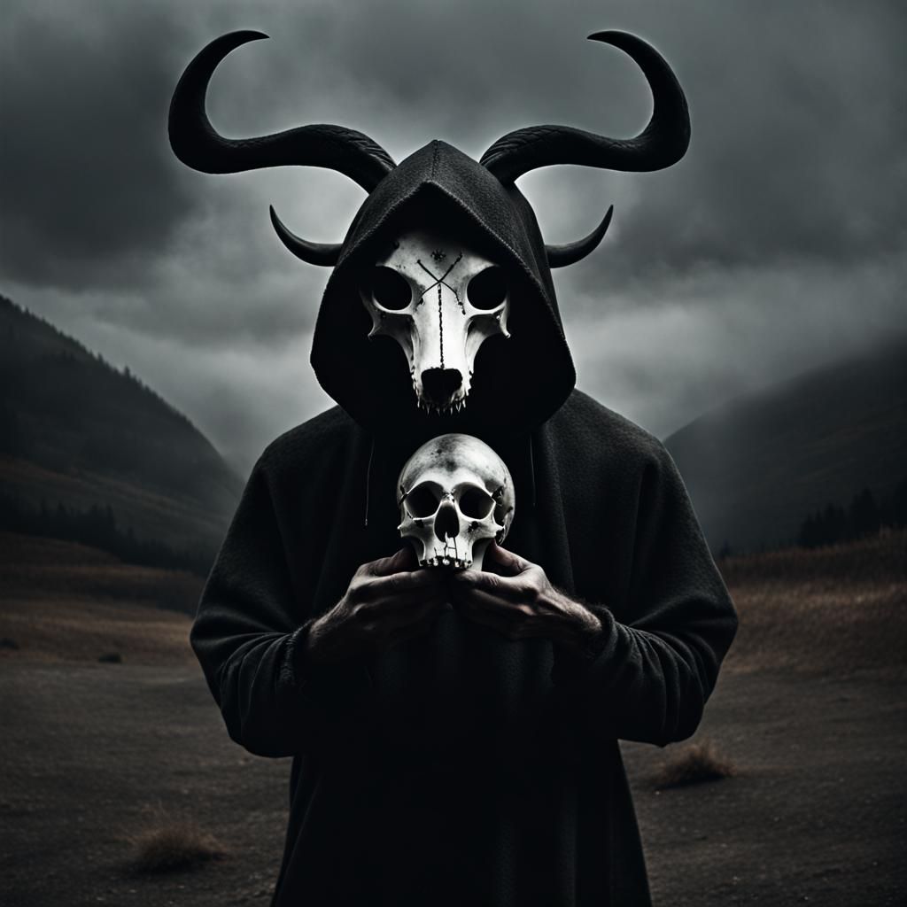 Dark Cinematic Hooded Figure with Skull and Wolf