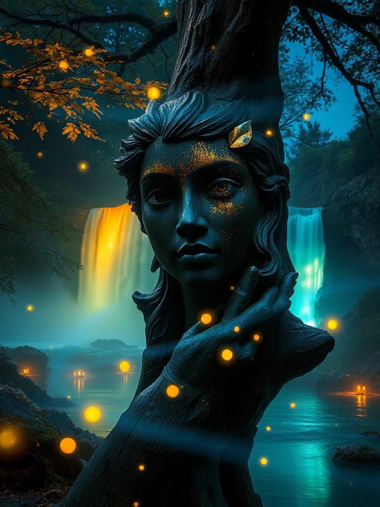Bioluminescent Waterfalls and Wooden Woman: Ethereal Fantasy...