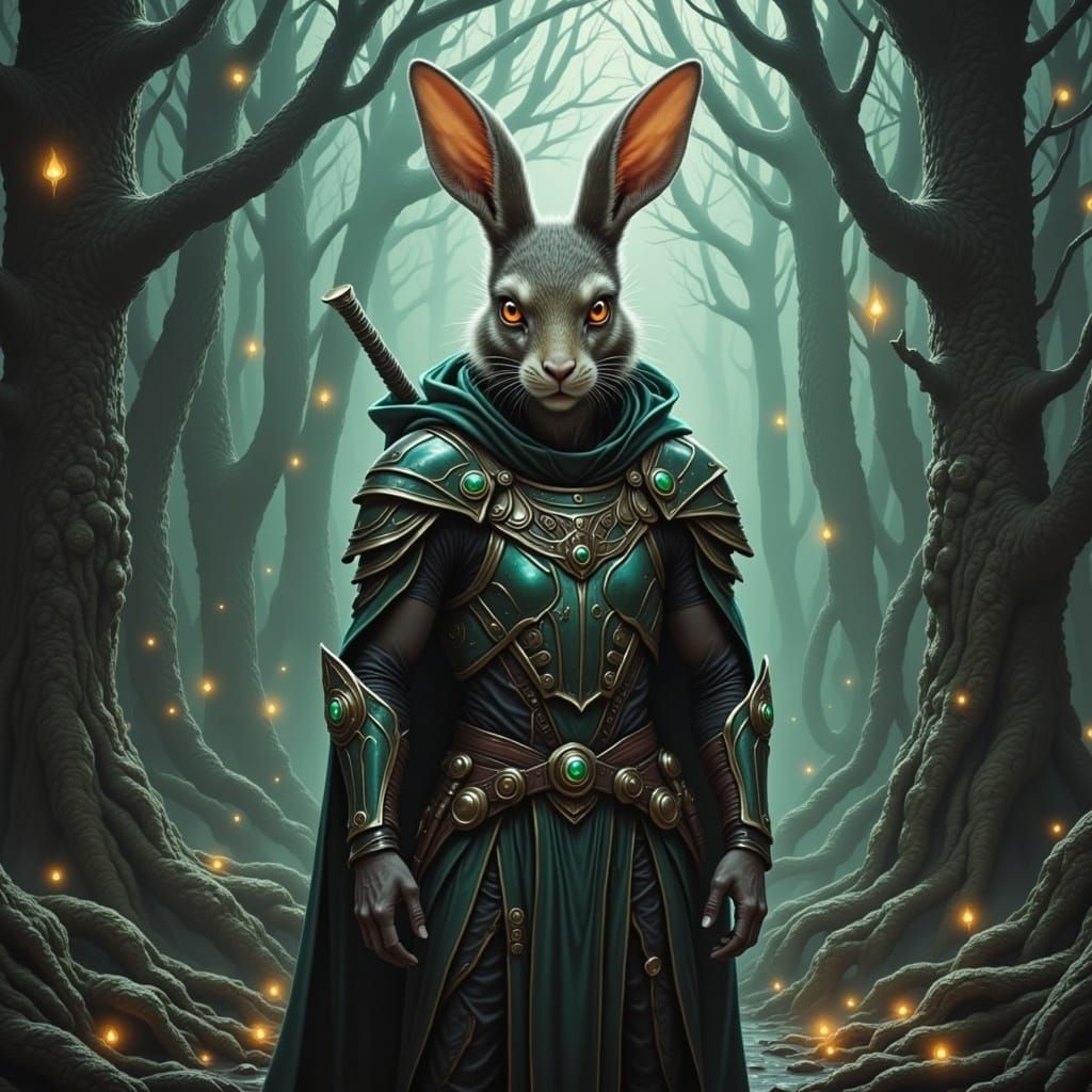 Heroic Rabbit Warrior in Mystical Forest