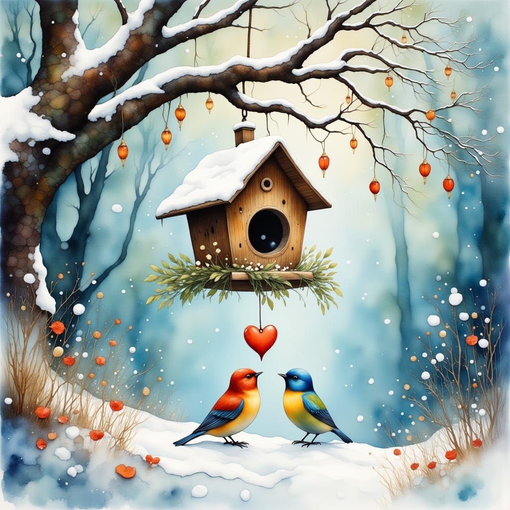 Whimsical Winter Birds Share Heart in Watercolor Style