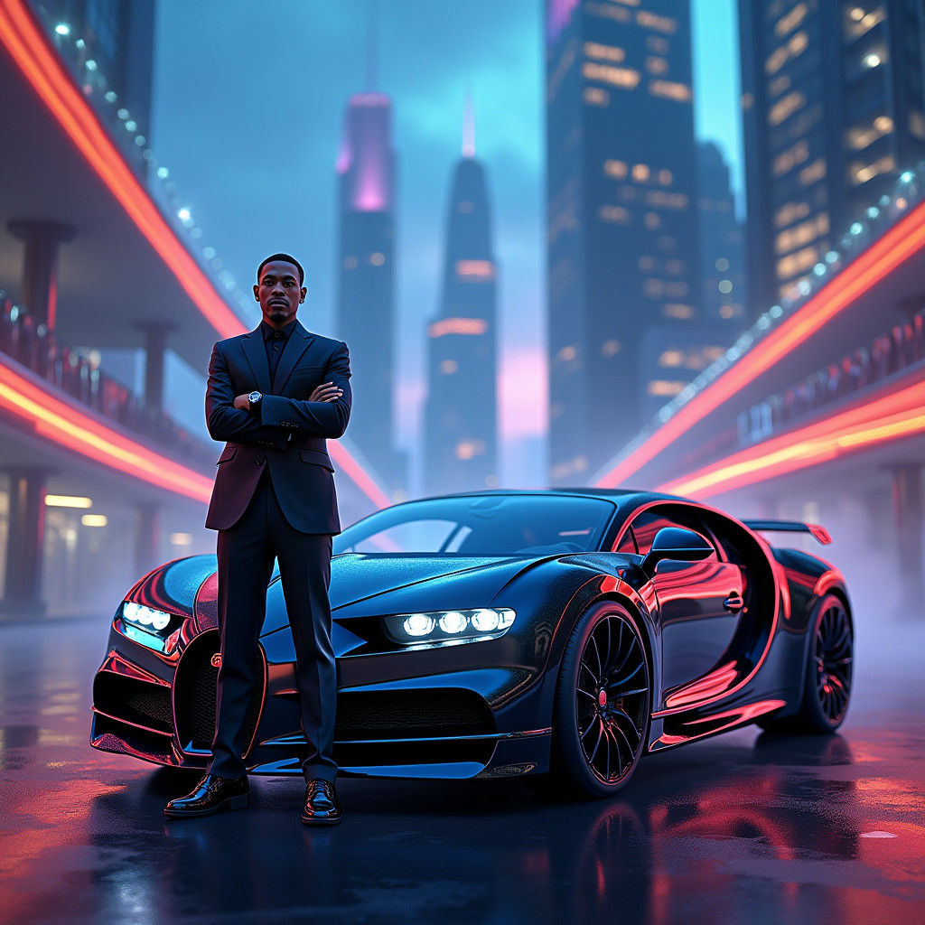 Man Posing with Bugatti in Neon Cityscape