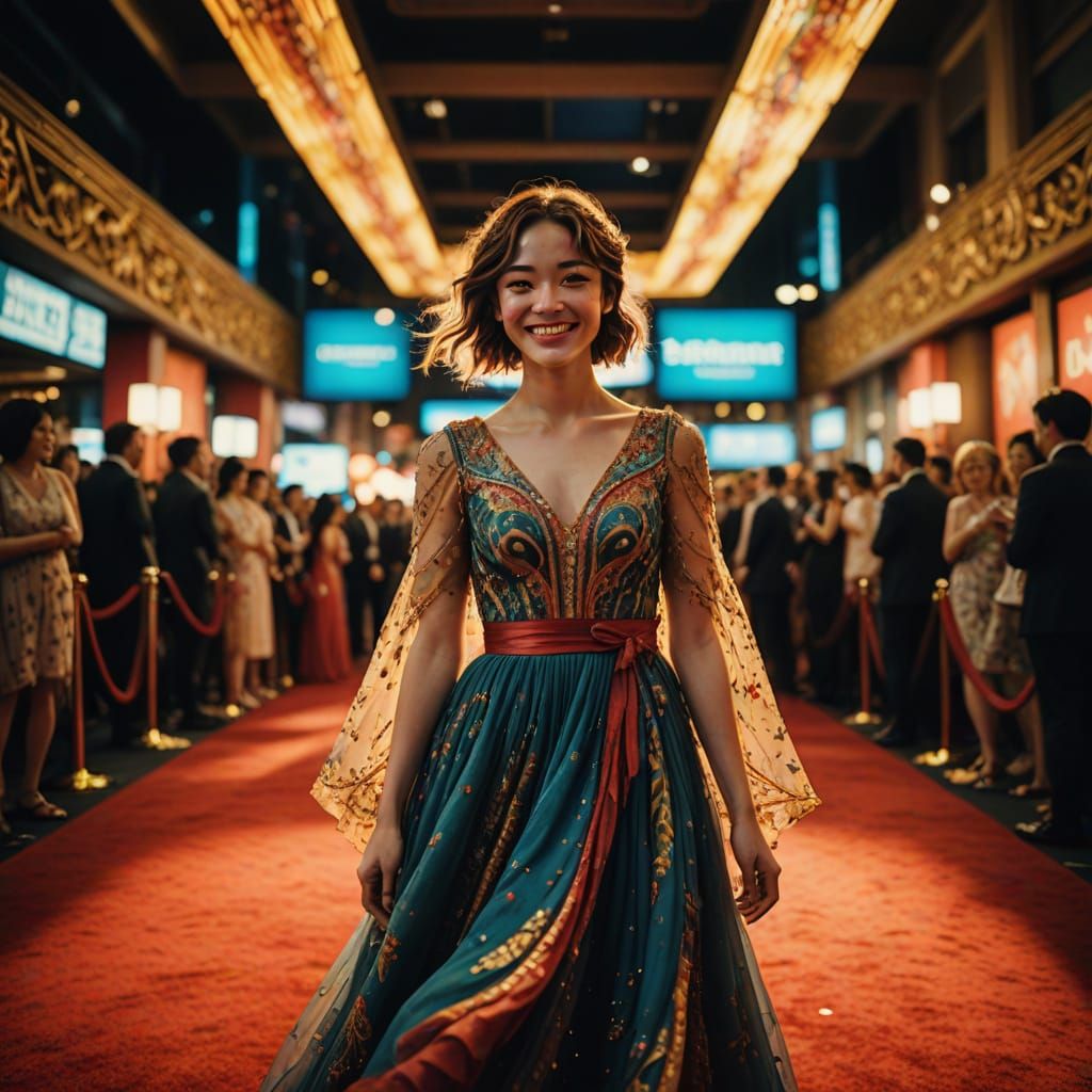 Golden Hour Goddess on the Red Carpet in Vibrant Anime-Inspi...