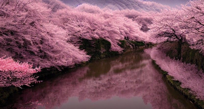 Red Plum Blossom Forest River: Chinese Ink Landscape