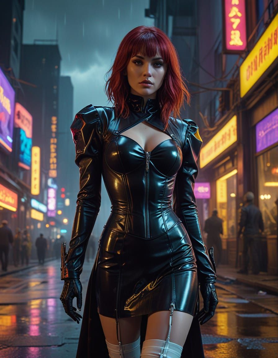 The woman with very long red  hair and is dressed in a latex white, short, pleated dress with puff sleeves. The bodice h...