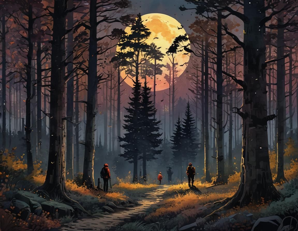 Hunters in Moonlit Forest: Pixel Art in Watercolor Style
