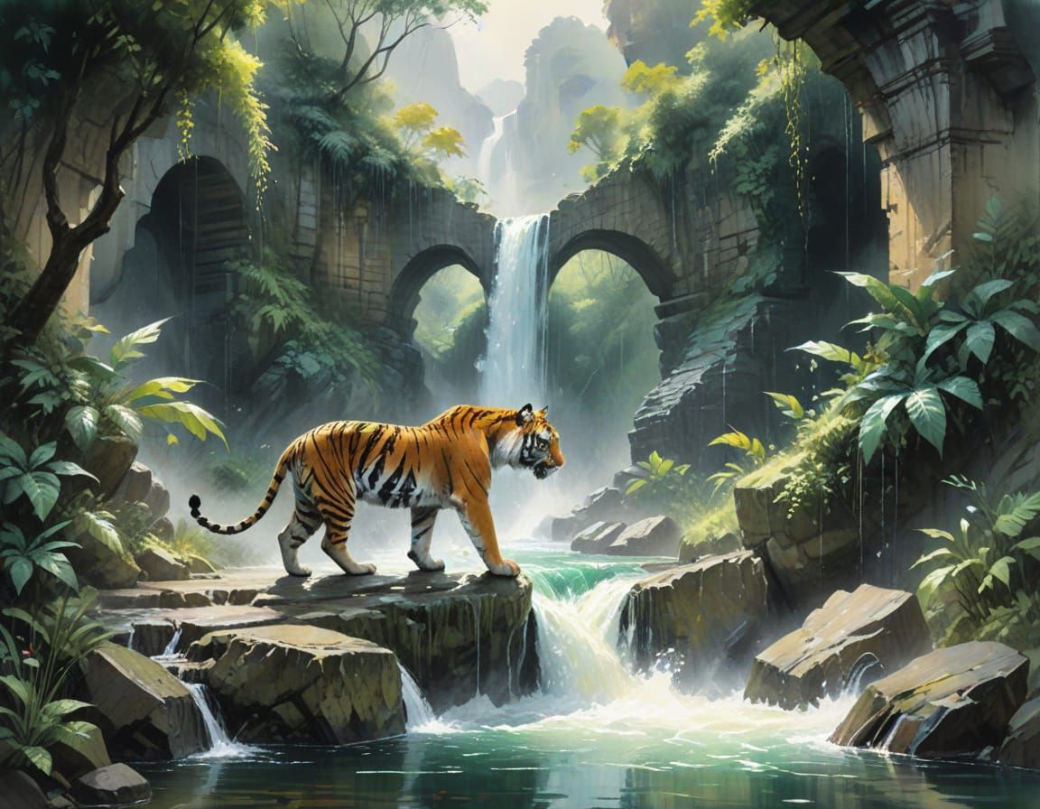 Bengal Tiger in Rainforest Gorge Watercolour Painting