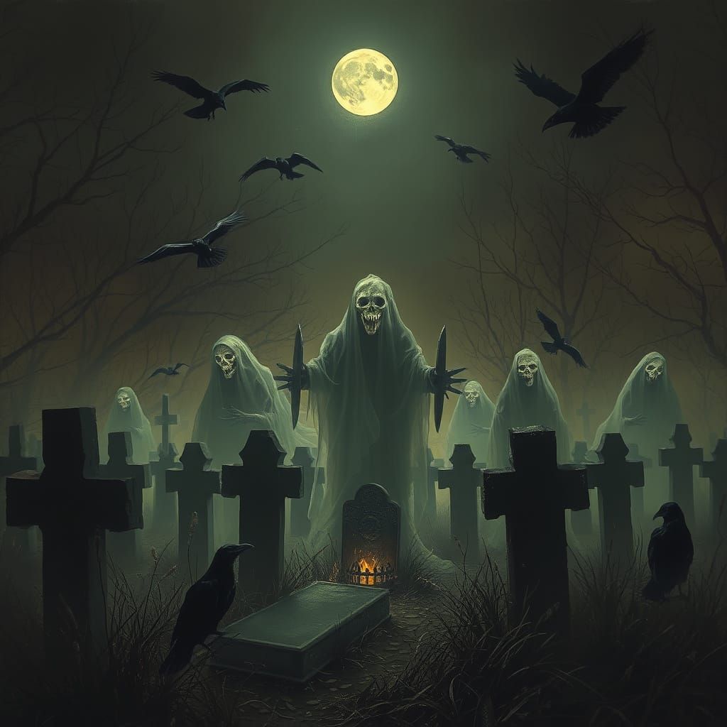 Ethereal Ghosts Rise from the Cemetery at Night