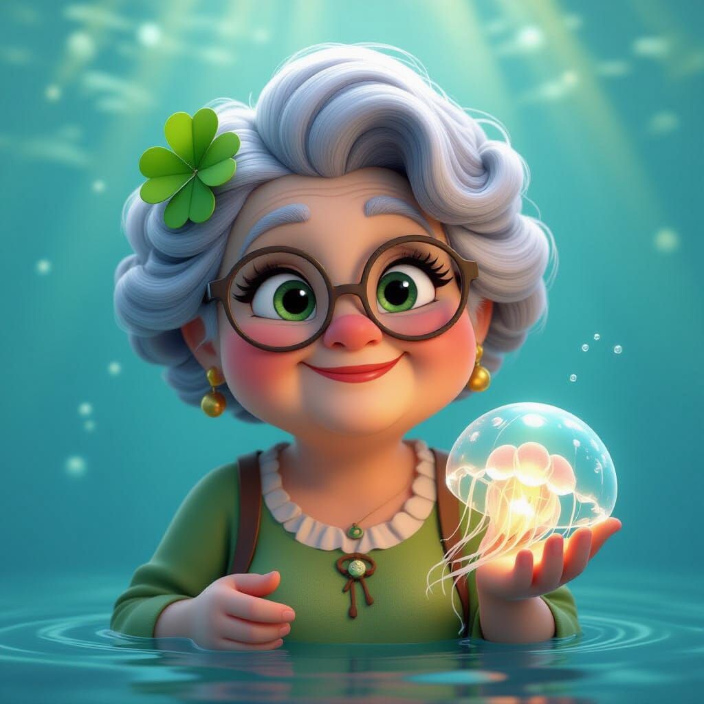 Chubby Grandma Holding Jellyfish in the Sea
