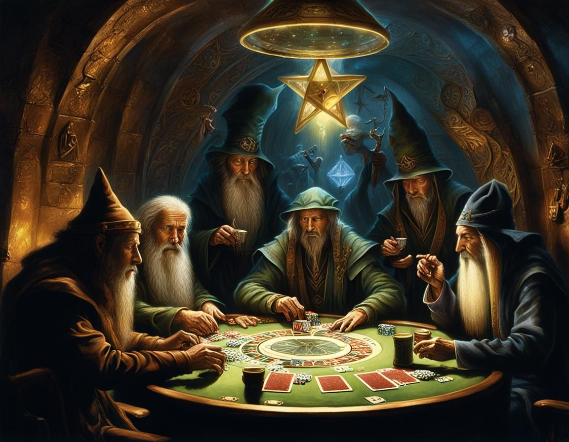 Wizards Playing Poker in Mystical Chamber