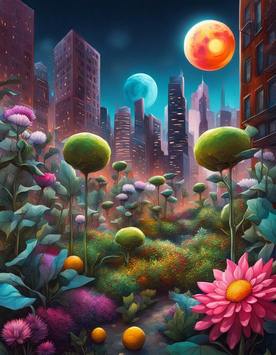Futuristic Urban Garden with Graffiti Art