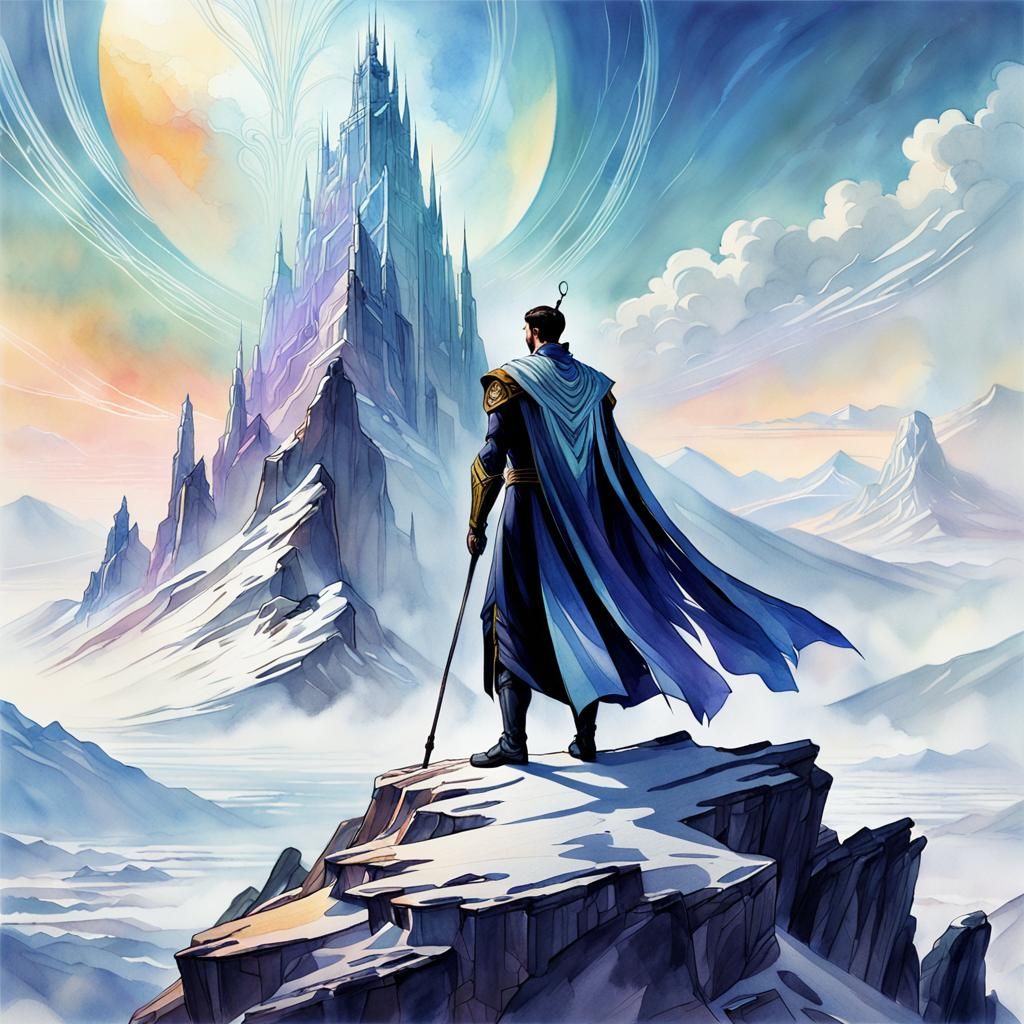 Wise Vulcan King on Mountain Peak in Watercolor Style