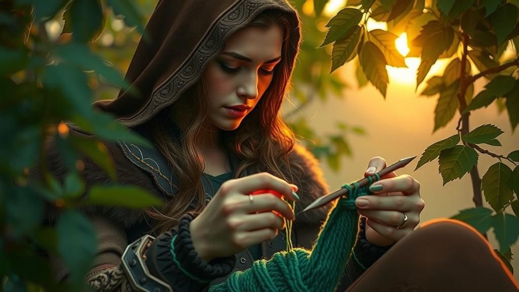 Lady Barbarian Knitting in Hammock, Digital Art