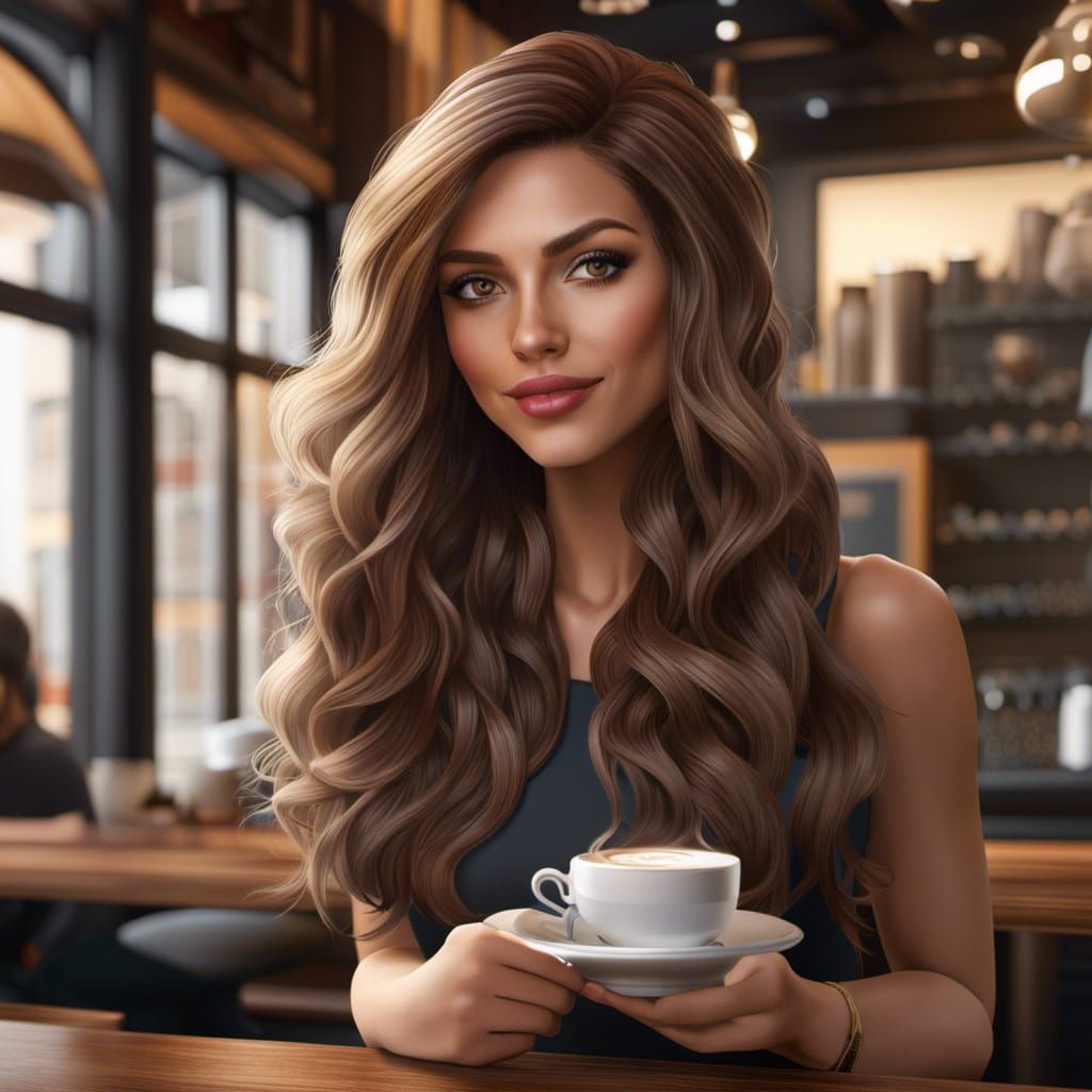 Attractive Woman Enjoying Coffee in Cafe: Photorealistic 8k