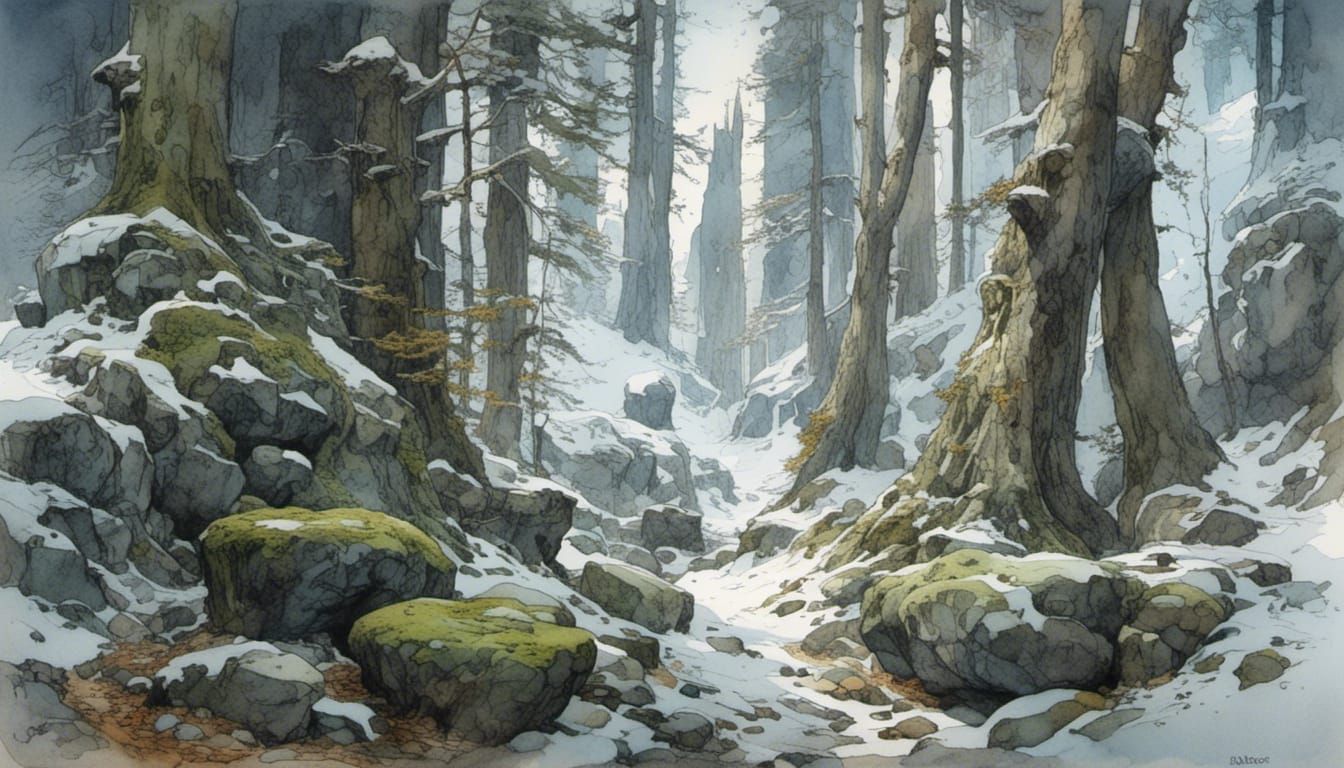 Snowy Forest Floor in Romantic Watercolor Style