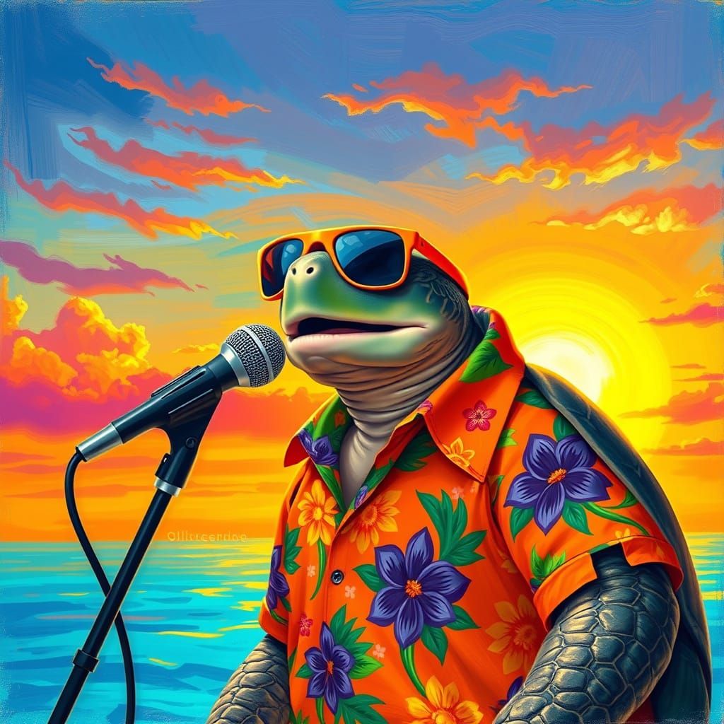 Singing Turtle in Hawaiian Shirt at Sunset