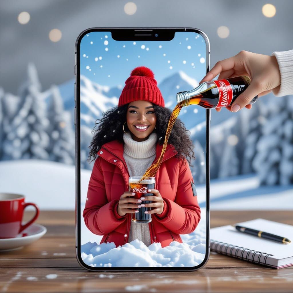 Woman in Winter Scene Pops Out of Smartphone Screen