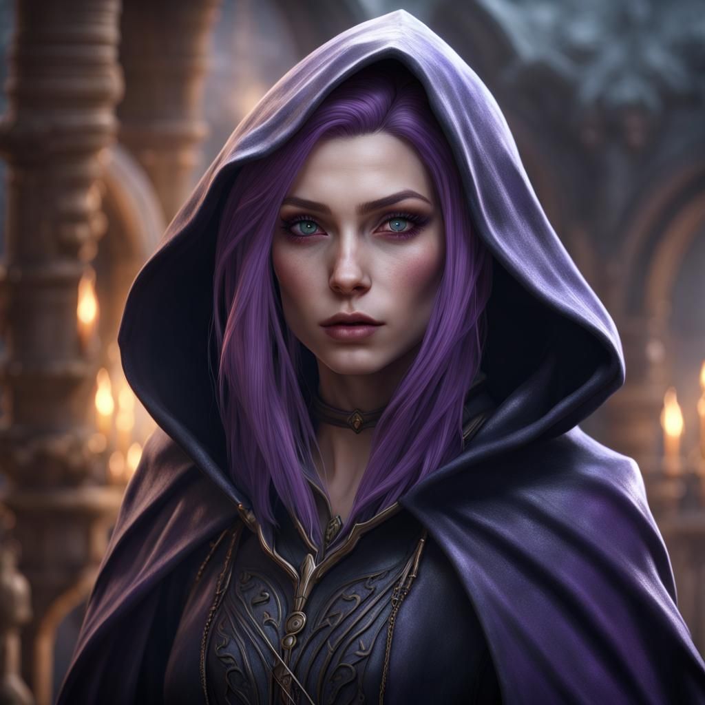 Violet-Haired Elf in Black Cloak: Fantasy Art