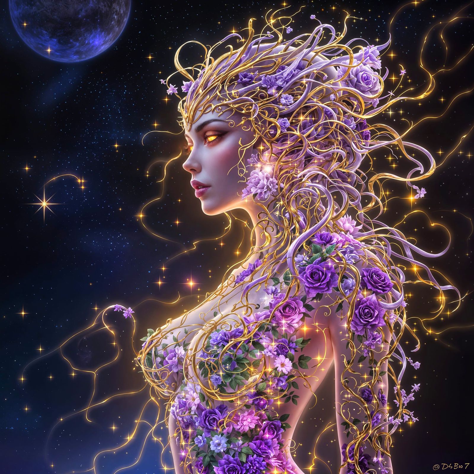 Surreal Goddess Wears Lavender Armor with Glowing Magenta Ey...