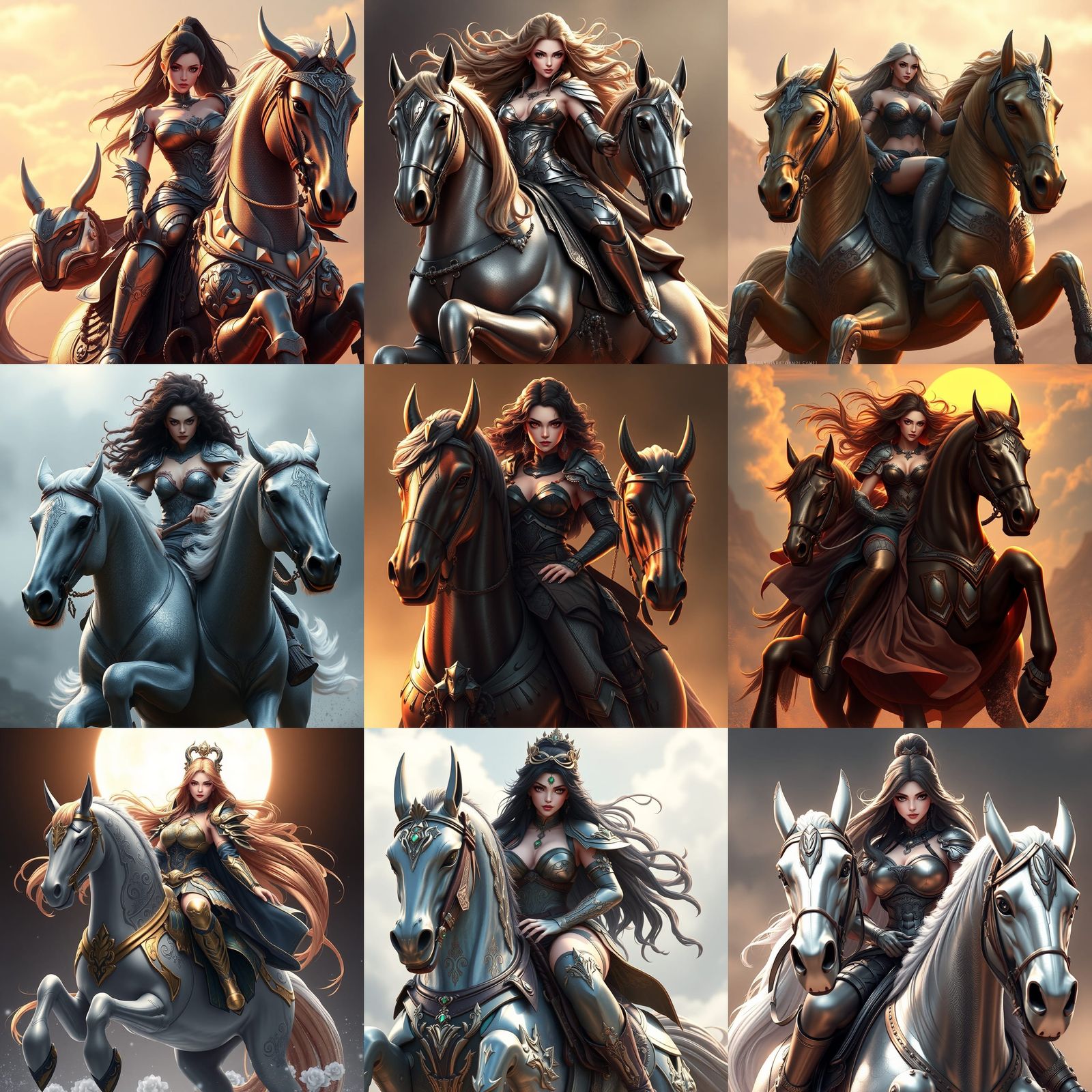 Woman Warrior on Six-Legged Horse in Anime Style