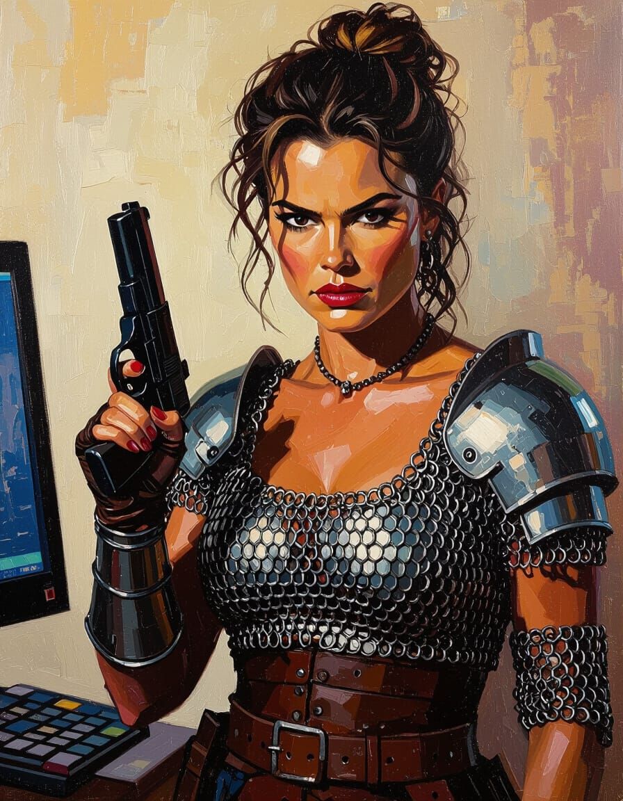 Dina Meyer as Impasto Oil Painting with Handgun