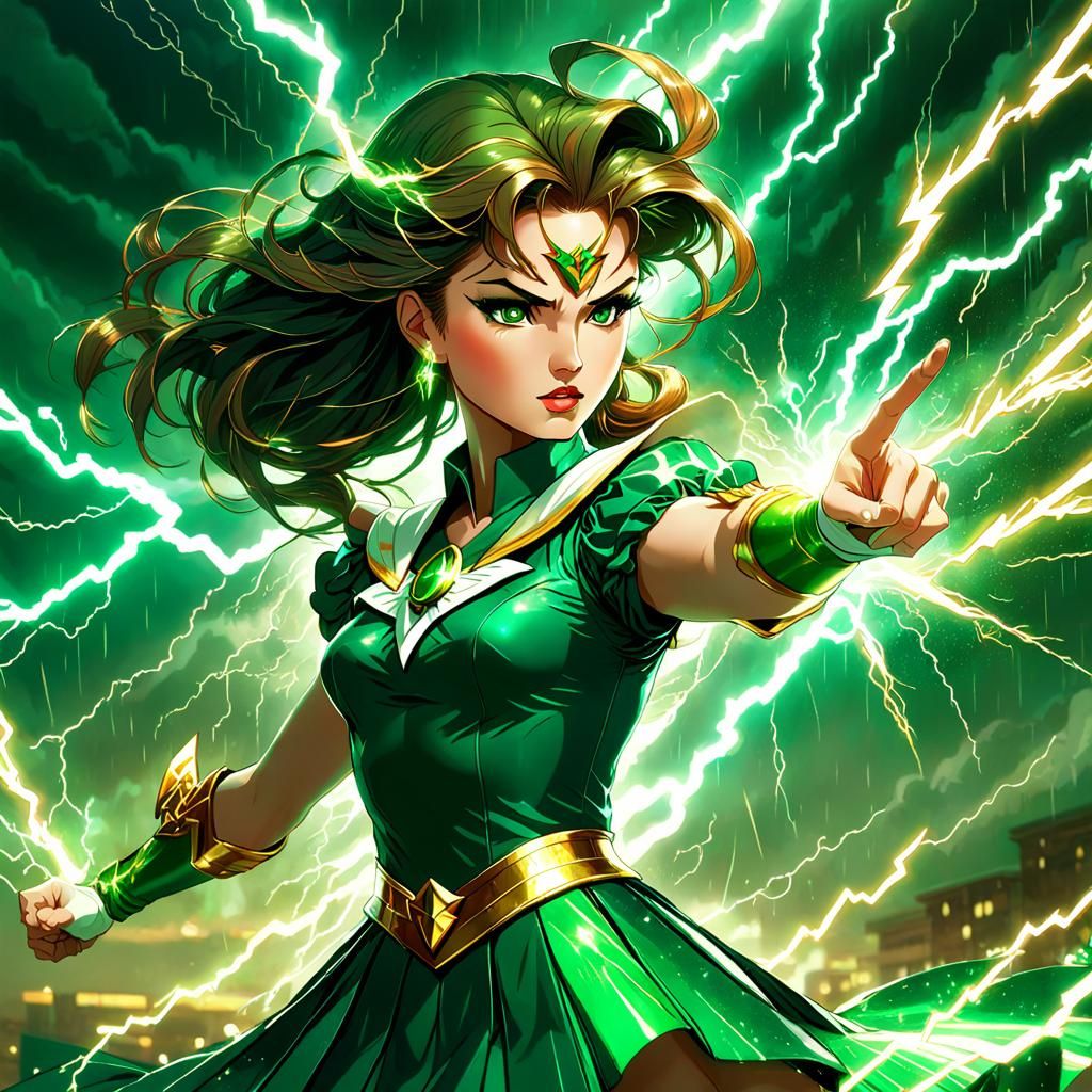 Sailor Jupiter Wielding Lightning in Comic Art Style