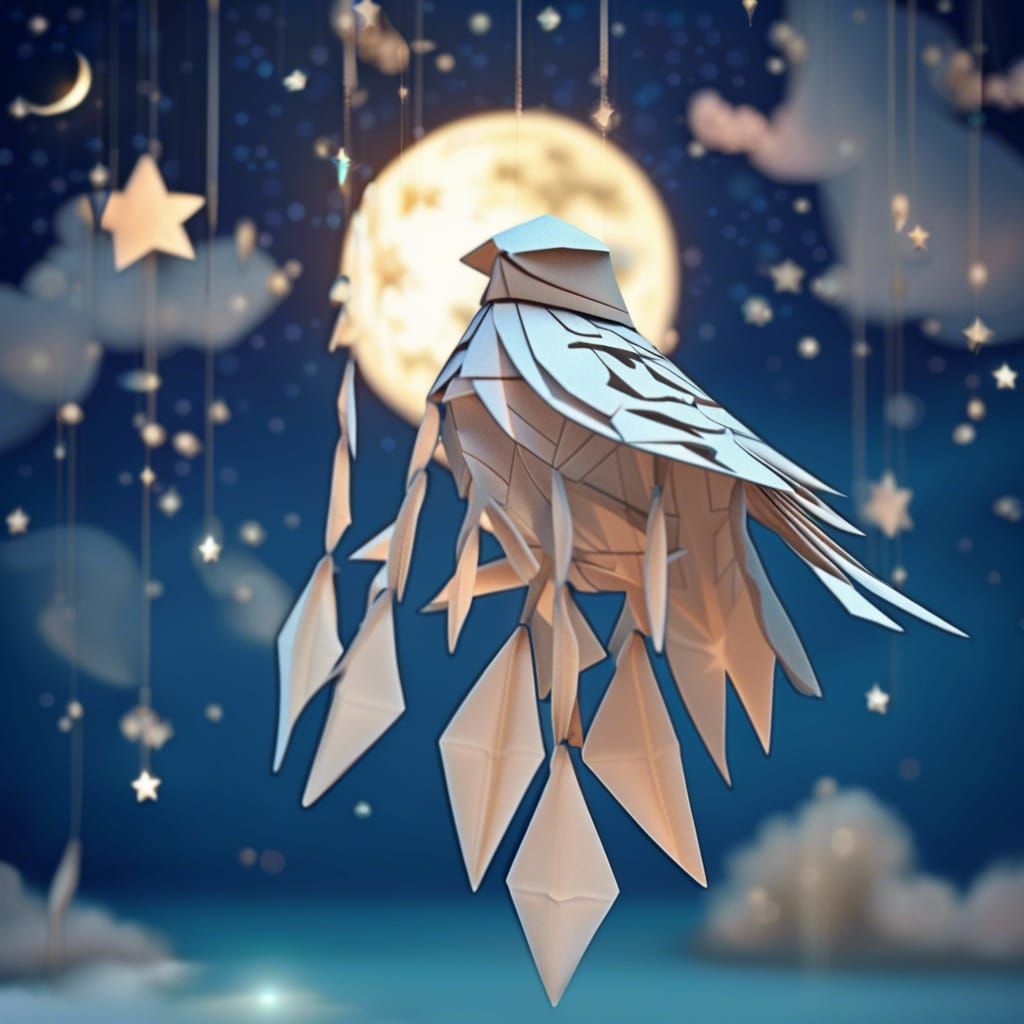 Origami Hawk Flying Under a Bright Moon