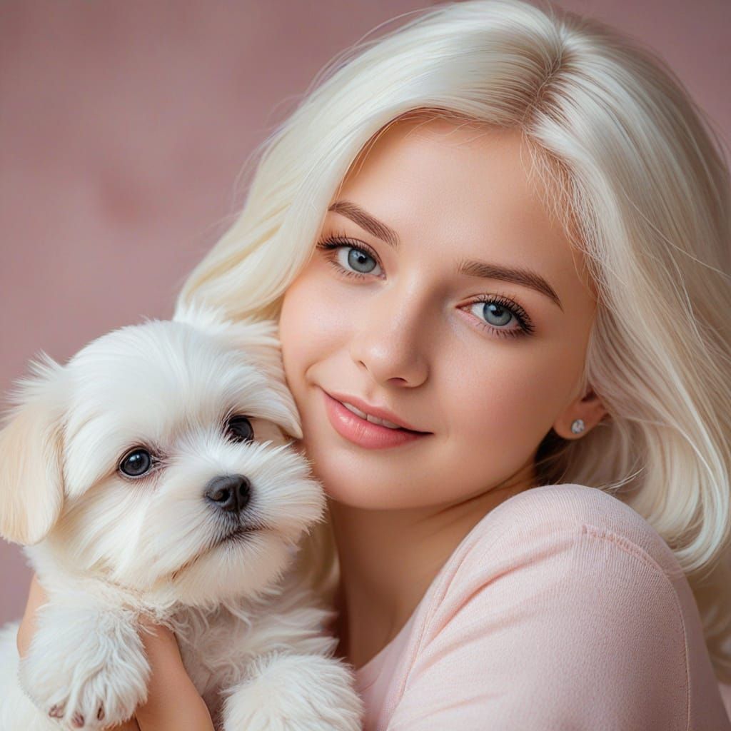 Joyful Woman with Maltese Puppy in Oil Painting Style