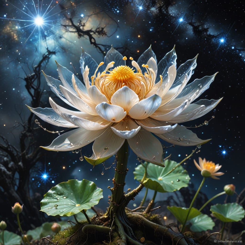 Luminescent Crystal Lotus in Alien Landscape
